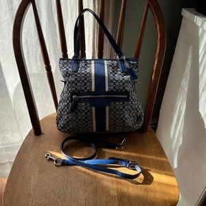 Coach Signature Stripe Handbag – Blue & Gray Canvas with Detachable Strap